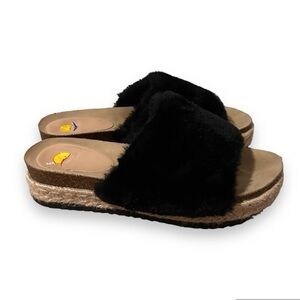 Maui Islands Black Faux Fur Slip On Espadrille Platform Sandals Women’s Size 10